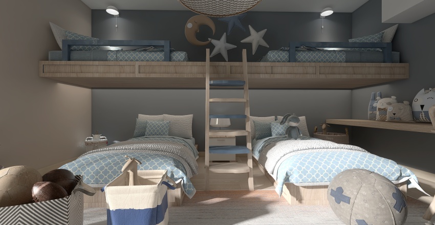 Scandinavian Blue Beige Kids Room 3d design renderings