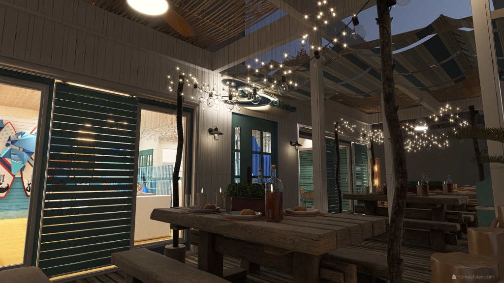 Costal Mediterranean Coastal Theme Restaurant Blue 3d design renderings