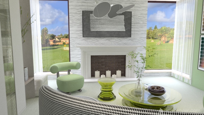 Contemporary Green Living and Dining Room 3d design renderings