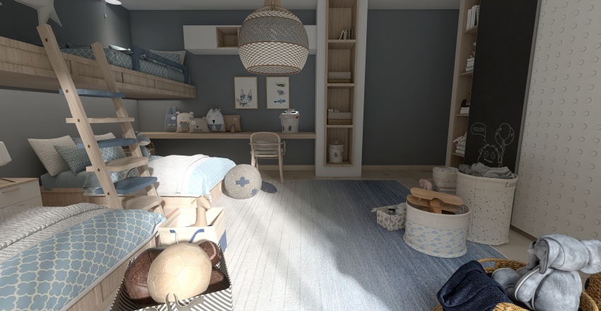 Scandinavian Blue Beige Kids Room 3d design renderings