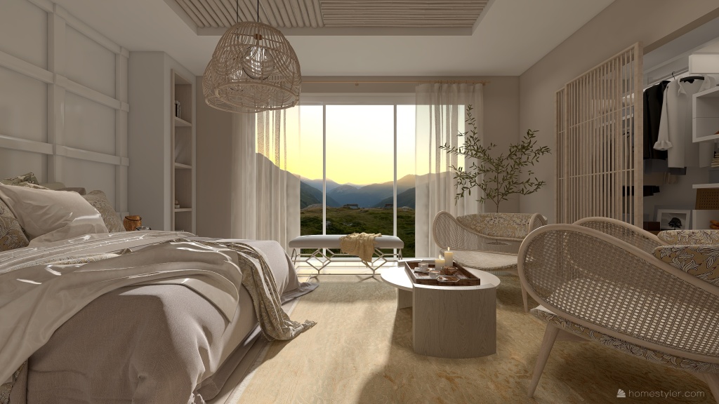 Scandinavian Blue Beige Master Bedroom 3d design renderings