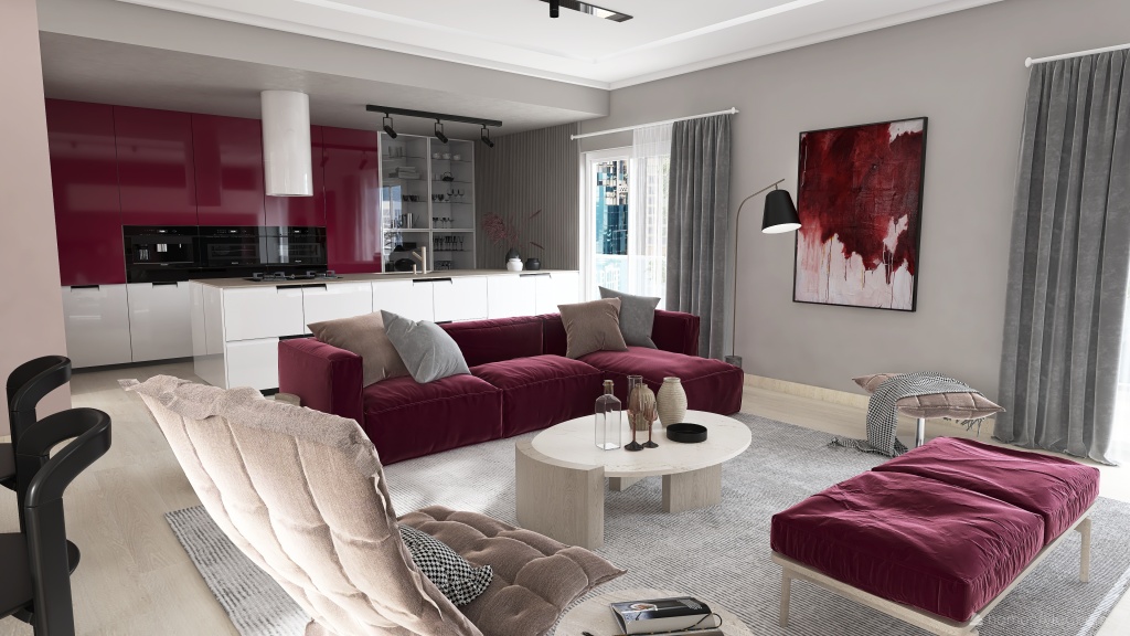 Contemporary Apartamento Guinda Red 3d design renderings