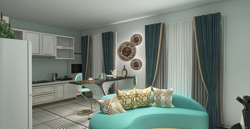Living Room with Kitchen 3d design renderings