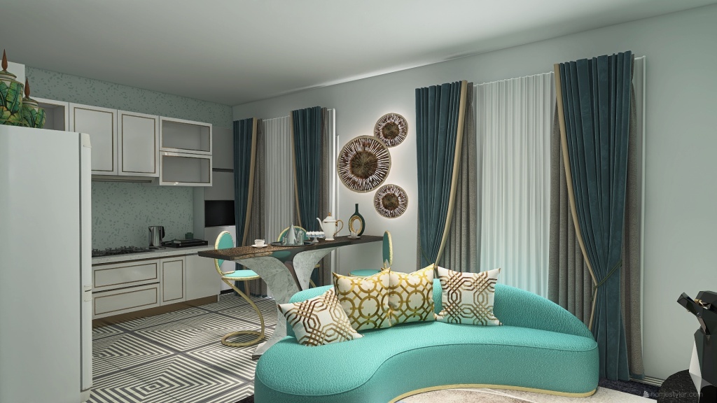 Living Room with Kitchen 3d design renderings