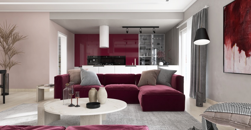 Contemporary Red Living and Dining Room 3d design renderings