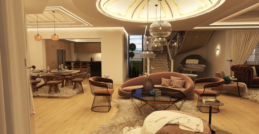 Farmhouse WarmTones WoodTones Grey Living and Dining Room 3d design renderings