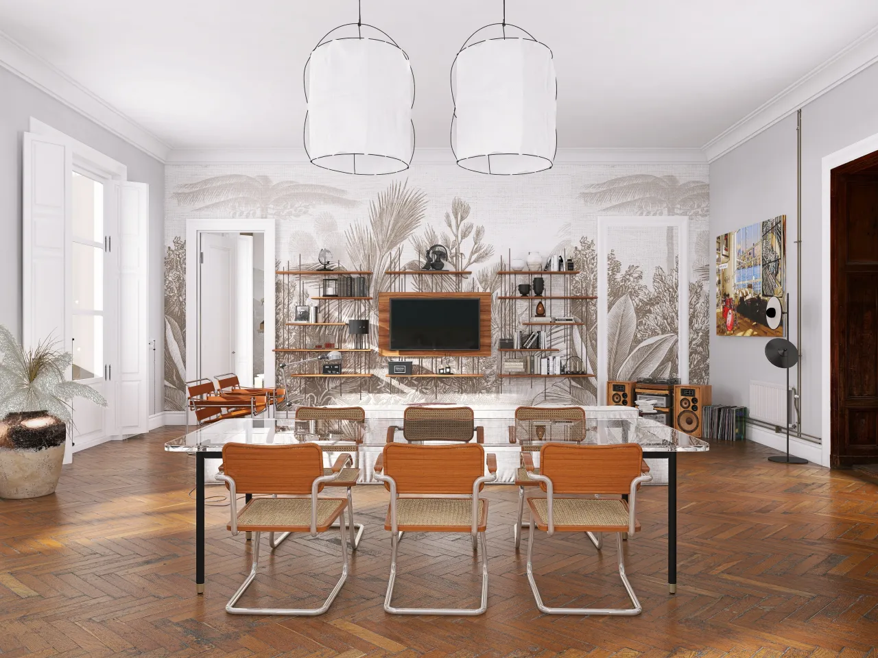 Bohemian ArtDeco StyleOther Orange Beige DiningRoom 3d design renderings