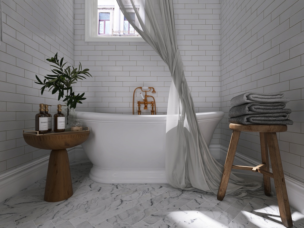 Bohemian ArtDeco StyleOther Orange Beige Master Bathroom 3d design renderings