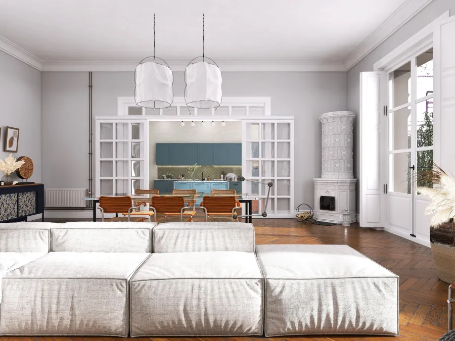 Bohemian ArtDeco StyleOther Orange Beige Great Room 3d design renderings
