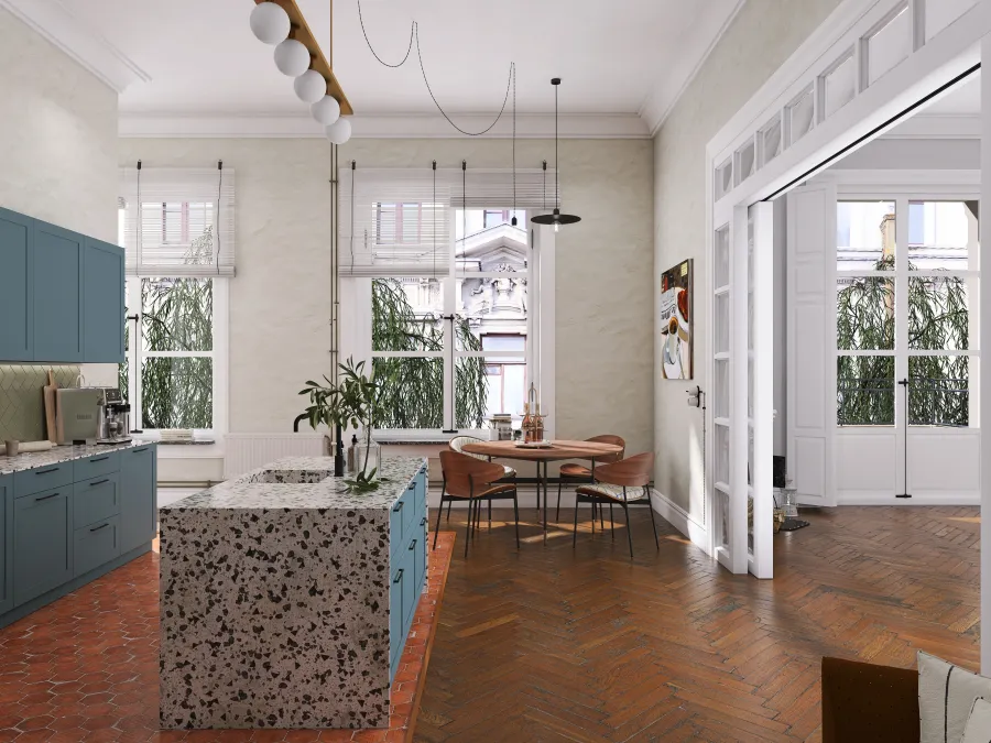 Bohemian ArtDeco StyleOther Orange Beige Kitchen and Dining Room 3d design renderings