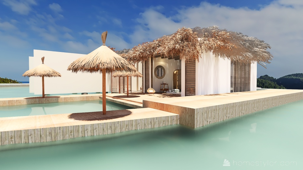 Rustic Mediterranean Costal TropicalTheme Tropical paradise! Beige Green WoodTones 3d design renderings