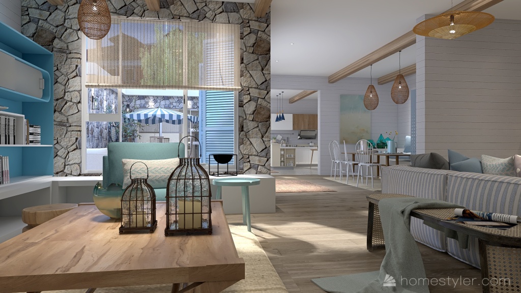 Costal Blue Living and Dining Room 3d design renderings