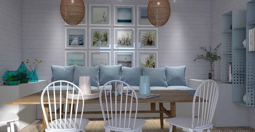 Costal Blue Living and Dining Room 3d design renderings