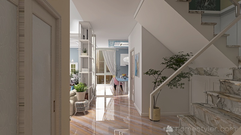 Hallway, Living Room, Dining Room and Kitchen 3d design renderings