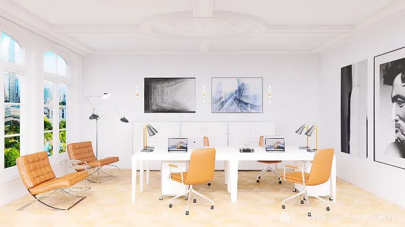 Büro Cool Altbau weiß cognac 3d design renderings