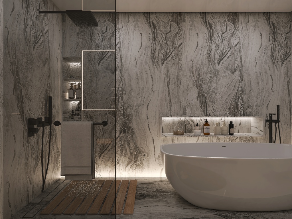 Modern WarmTones Beige Bathroom 3d design renderings