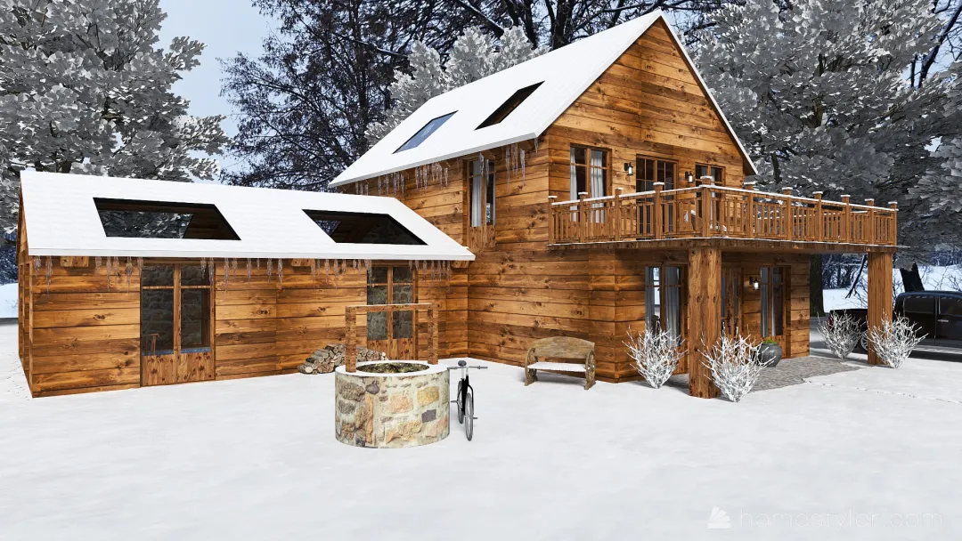 Farmhouse Small cocooning chalet WoodTones 3d design renderings