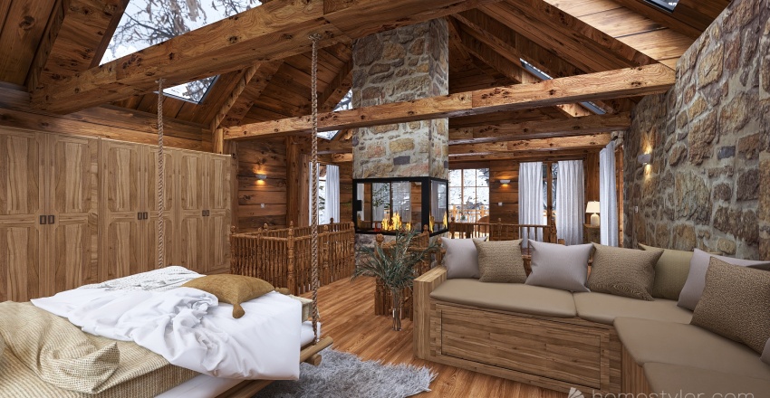 Farmhouse Small cocooning chalet WoodTones 3d design renderings