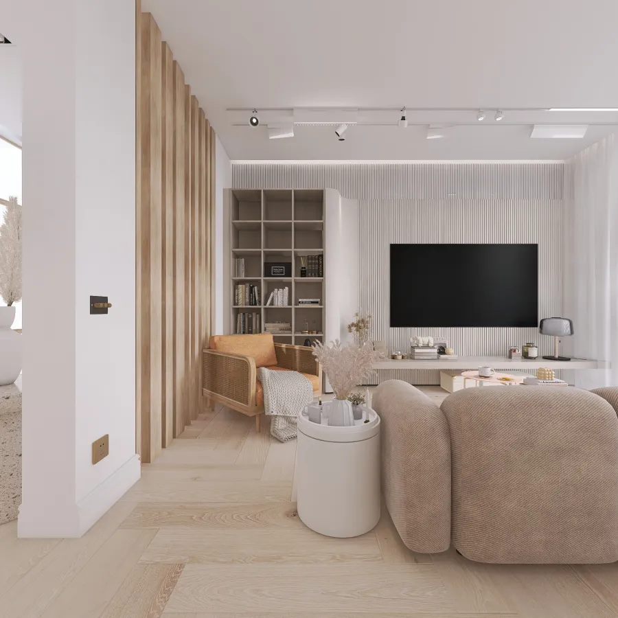 Modern WarmTones Beige Great Room 3d design renderings