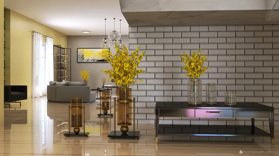 Contemporary Yellow Living and Dining Room 3d design renderings