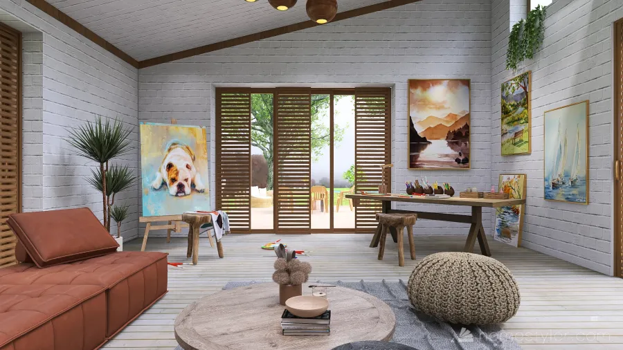 Rustic Farmhouse WoodTones Art Studio /Library 3d design renderings