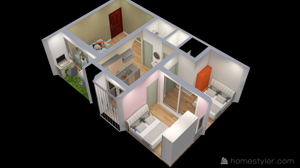 2 bedroom with 2 WC 3d design renderings