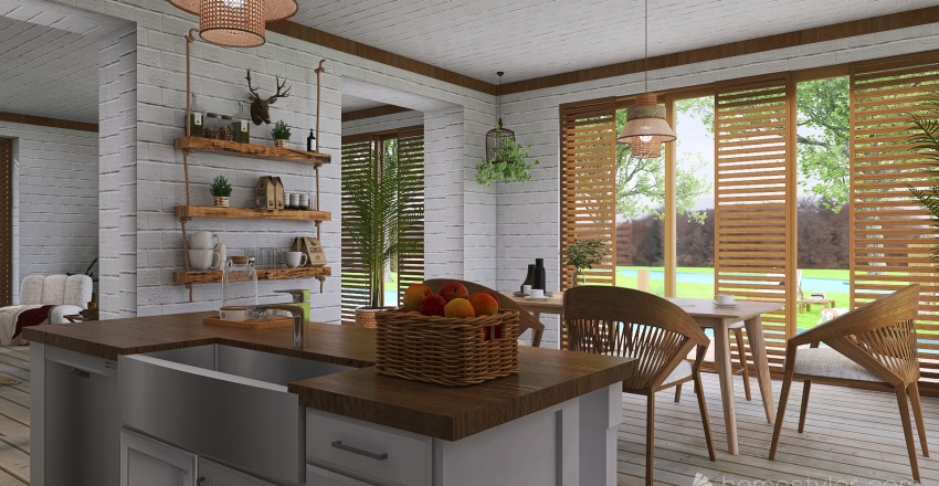 Rustic Farmhouse WoodTones Kitchen & Dining Room 3d design renderings