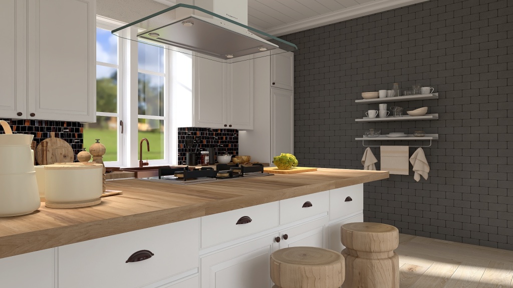 Farmhouse Beige WoodTones Kitchen 3d design renderings