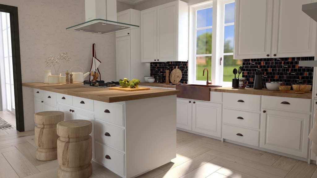 Farmhouse Beige WoodTones Kitchen 3d design renderings
