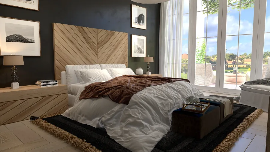 Farmhouse Beige WoodTones Bedroom 3d design renderings