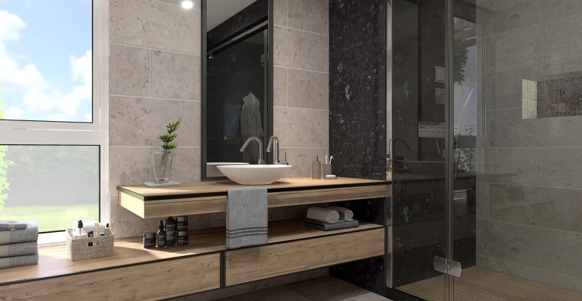 Farmhouse Beige WoodTones Bathroom 3d design renderings
