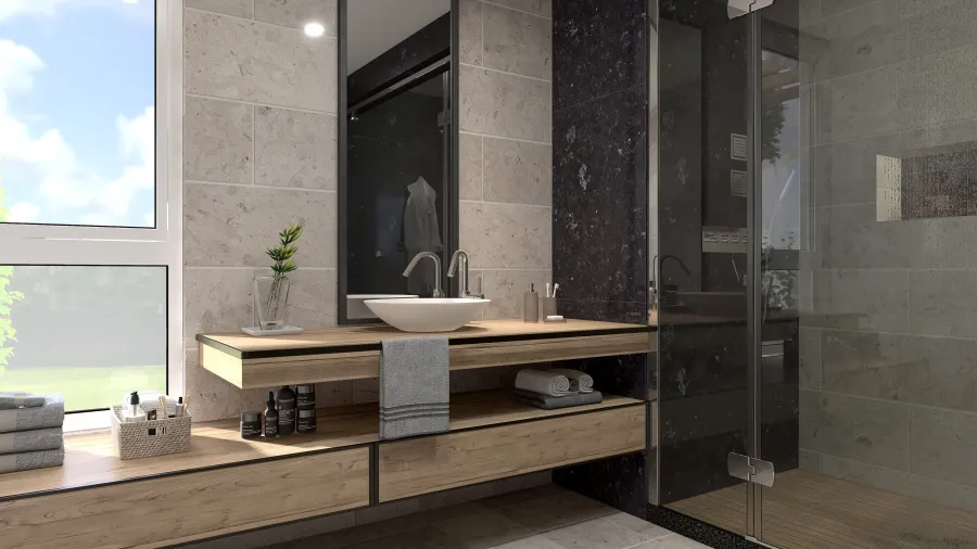 Farmhouse Beige WoodTones Bathroom 3d design renderings