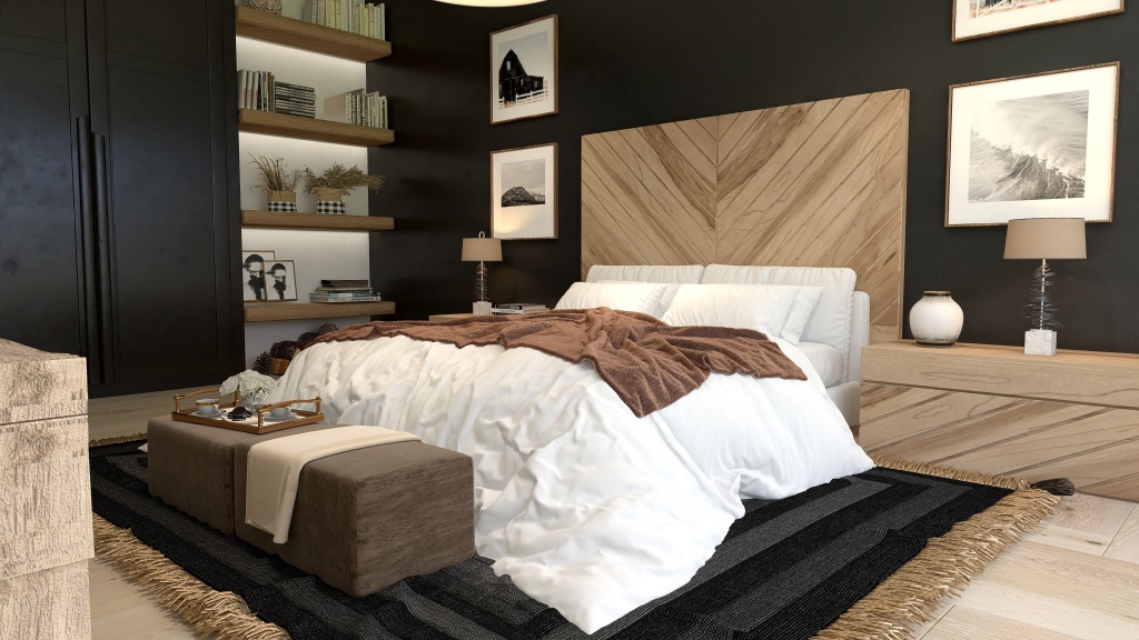 Farmhouse Beige WoodTones Bedroom 3d design renderings