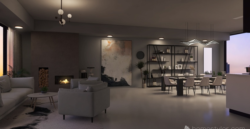 Contemporary Grey Living and Dining Room 3d design renderings