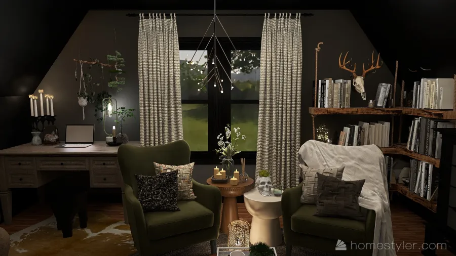 modern magical witchy cabin 3d design renderings