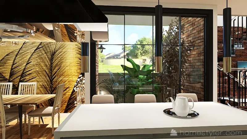 salas jantar e estar integrada com a cozinah 3d design renderings