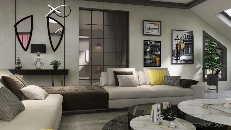 Industrial Grey Yellow Living and Dining Room 3d design renderings