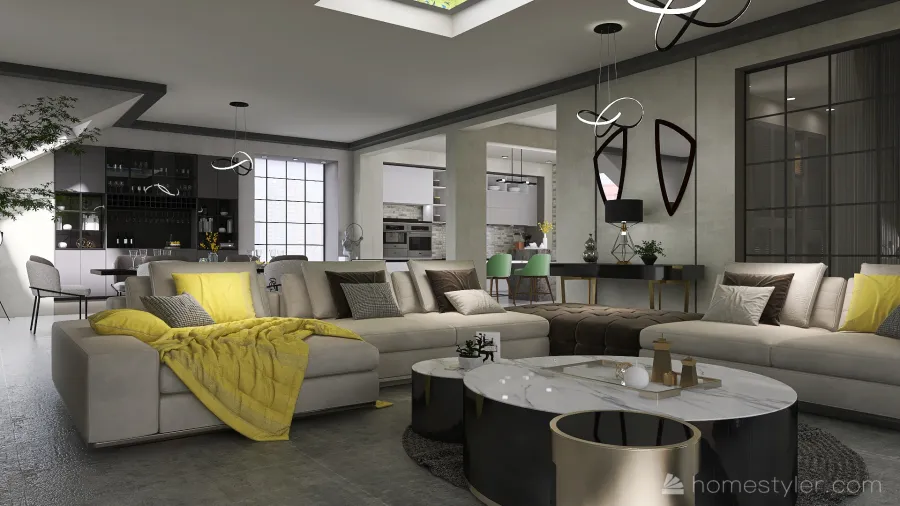 Industrial Grey Yellow Living and Dining Room 3d design renderings