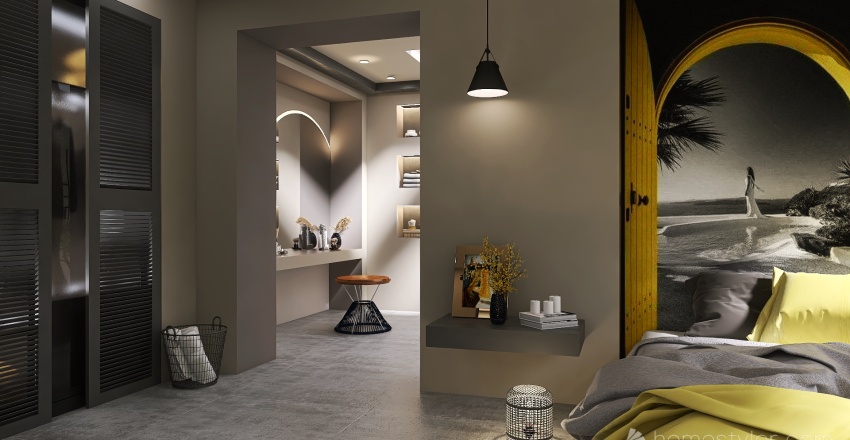 Industrial Grey Yellow Bedroom 3d design renderings