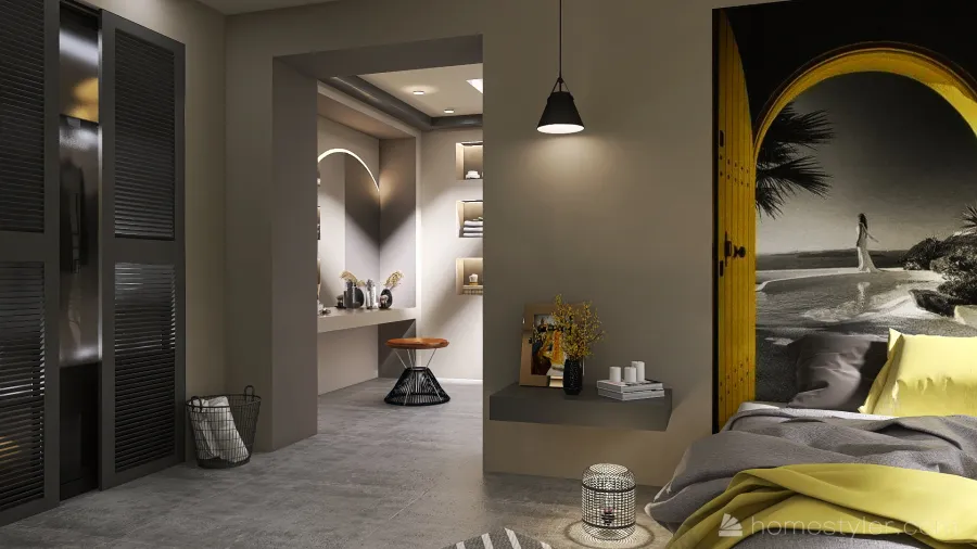 Industrial Grey Yellow Bedroom 3d design renderings