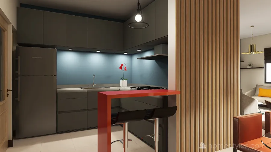 Living, Dining Room, Kitchen 3d design renderings