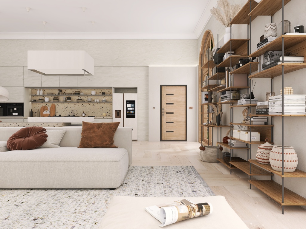 WabiSabi Beige WoodTones EarthyTones Great Room 3d design renderings