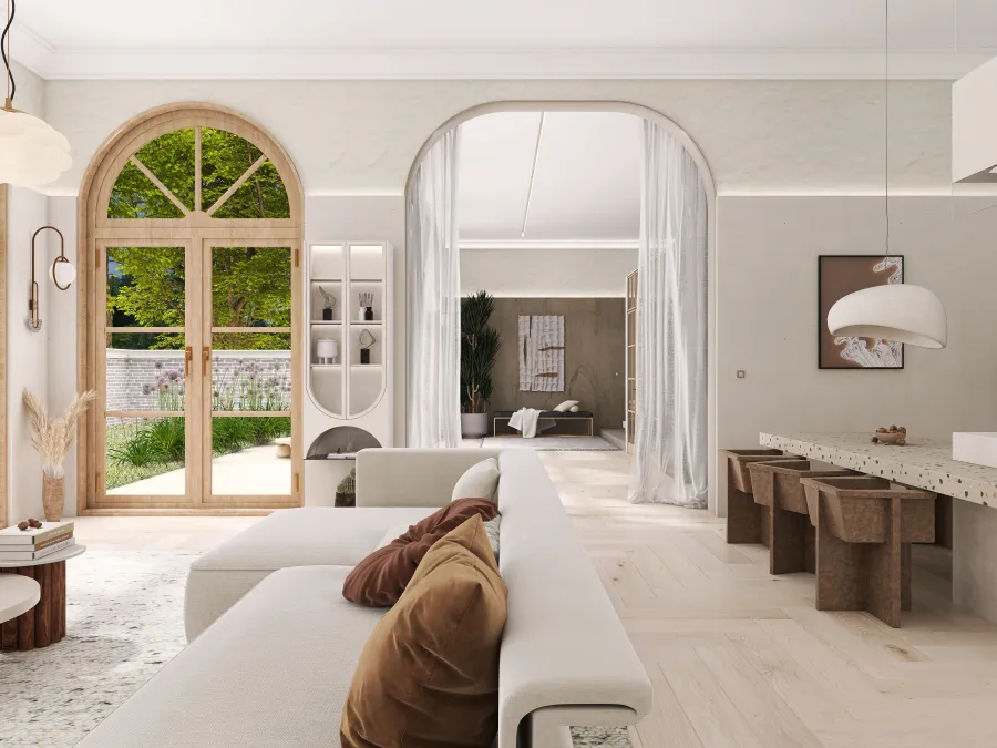 WabiSabi Beige WoodTones EarthyTones Great Room 3d design renderings