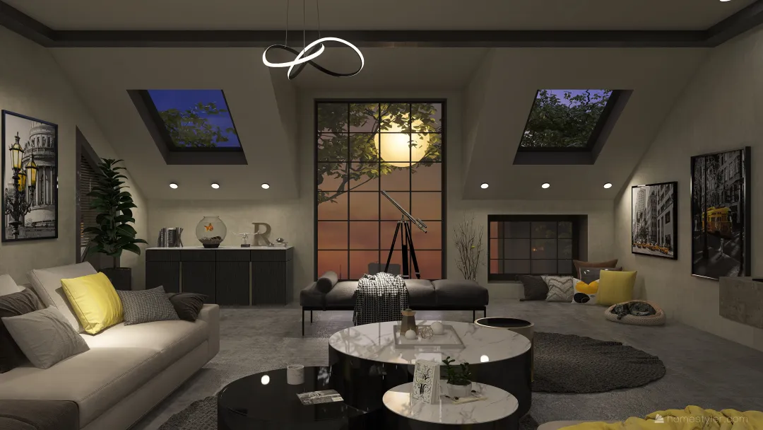 Industrial cozy loft Grey Yellow 3d design renderings