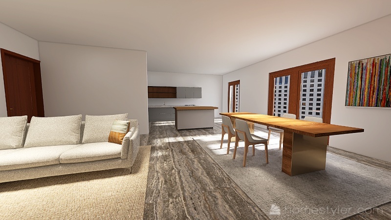 Gorini con isola e divano con spalle verso ingresso 3d design renderings