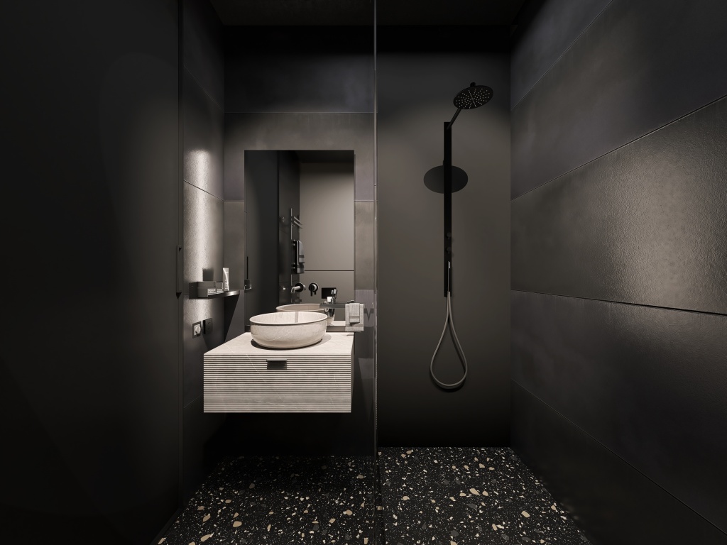 Modern Contemporary Black Blue Bathroom 3d design renderings