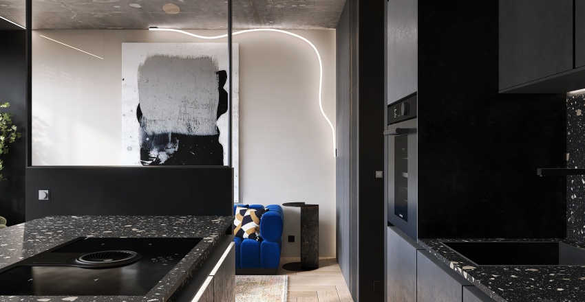 Modern Contemporary Black Blue Great Room 3d design renderings