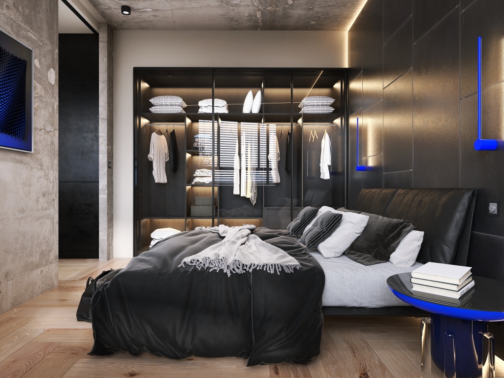 Modern Contemporary Black Blue Bedroom 3d design renderings