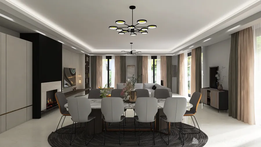 Modern Black Living and Dining Room 3d design renderings