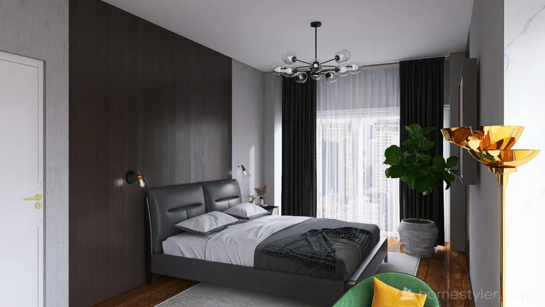 Dark strict bedroom for a single man 3d design renderings